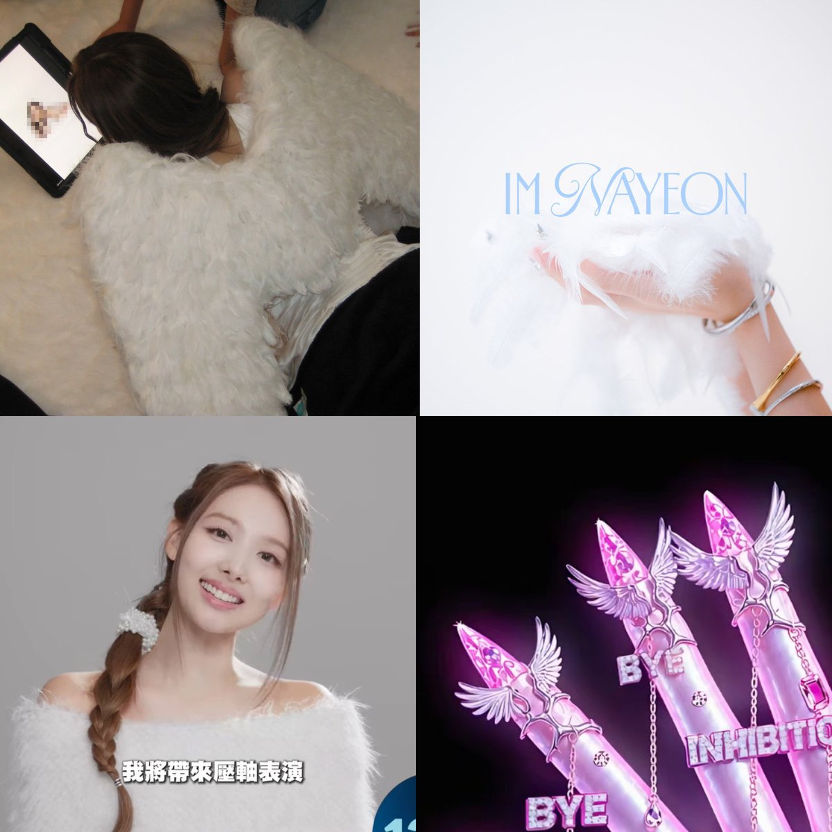 ImyccTwice's tweet photo. Será que se cumplió al fin la transformación de Nayeon en ángel? 👼🏻 
Da la impresión que se viene algo pronto y Nayeon está muy feliz con ello 🐰🪽🩵

#ByeByeInhibitions https://t.co/9Vh6GoUFNM