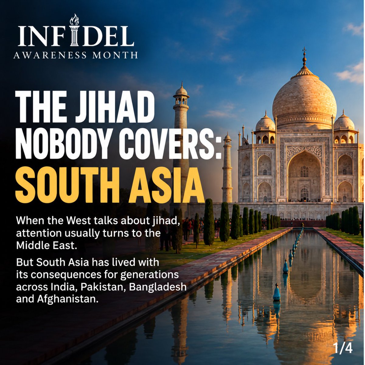 MOSSADil's tweet photo. Infidel Awareness Month, Day 24:
THE JIHAD NOBODY COVERS: SOUTH ASIA
When the West talks about jihad, attention usually turns to the Middle East.

But South Asia has lived with its consequences for generations — across 🇮🇳India, 🇵🇰Pakistan, 🇧🇩Bangladesh and 🇦🇫Afghanistan.

Today, Infidel Awareness Month looks at a front most of the West barely understands.

Follow @InfidelAware. #InfidelawarenessMonth
Learn more about South Asia in comments.