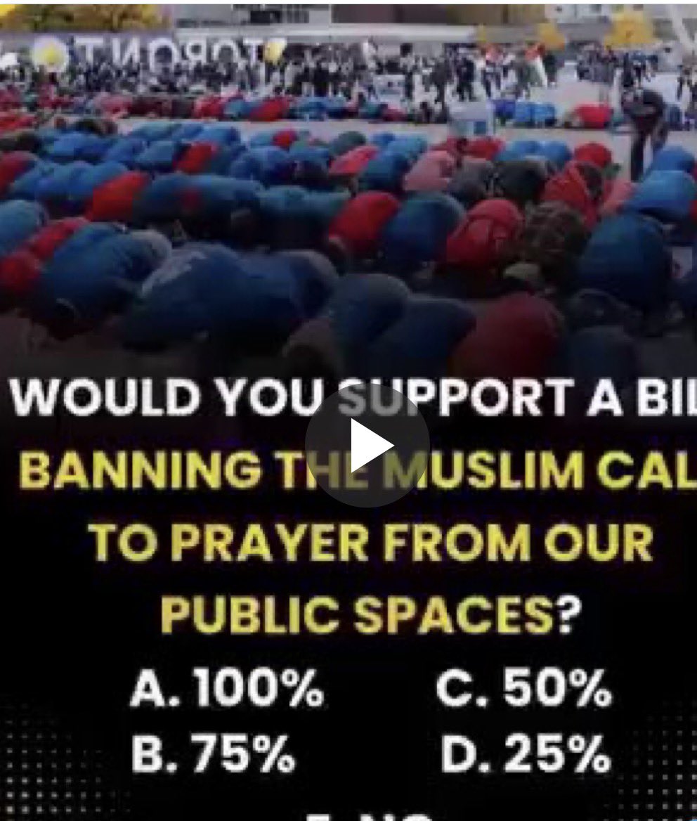 MuskBrief2's tweet photo. IF A BILL WERE INTRODUCED TO BAN THE MUSLIM CALL TO PRAYER FROM PUBLIC SPACES, HOW STRONGLY WOULD YOU SUPPORT IT ?
A. 100%
B. 75%
C. 50%
D. 25%
E. No https://t.co/fEW4VR5O15