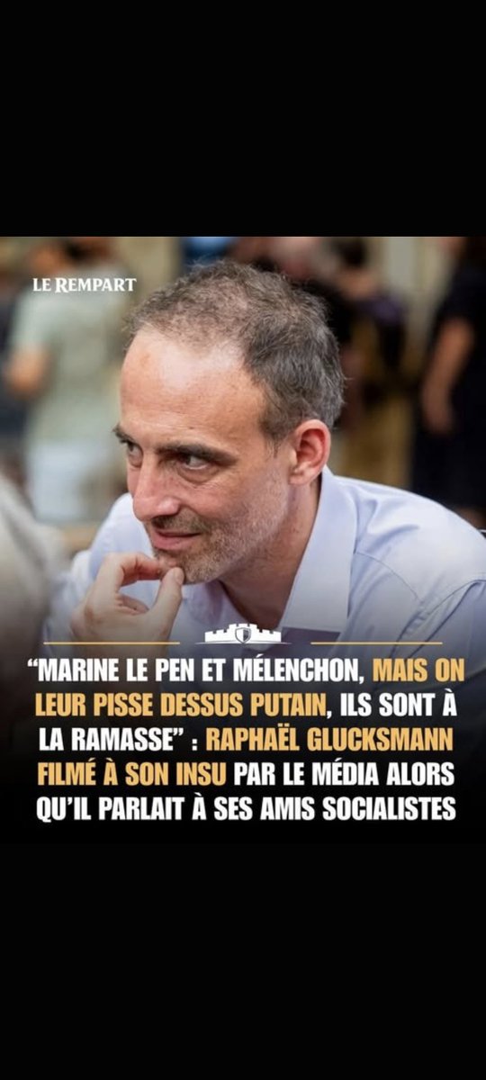 Escalet83's tweet photo. Le mari de #LéaSalamé a un message aux électeurs du #RN et de #LFI :
Filmé à son insu par les médiias, #RaphaëlGlucksmann dit à ses amis socialistes « Marine le Pen et Mélenchon, on leur pisse dessus, putain ! ».
Voilà la niveau de ce pourri, marié à Léa Salamé tout aussi POURRIE https://t.co/tfvhrdqIIt