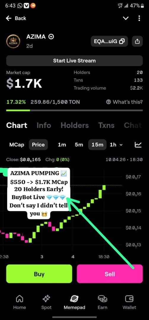 AZIMAFOUNDER's tweet photo. AZIMA 👑 | GREATNESS
From $550 to $1.7K MCap — still 20 Holders EARLY! 🚀
BuyBot live 💎💎💎💎💎💎💎
Live on Blum Memepad — TON 💎
Don't say I didn't tell you 👑

#azima #ton #blum #memepad #cryptogem #lowcap #tonchain #greatness https://t.co/ngFZ5nJE27