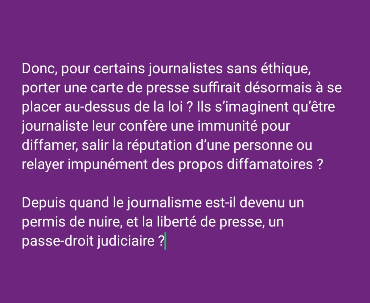 WandjaN's tweet photo. Quand certains journalistes sans éthique pensent que la liberté d'expression, d'information ou de la presse = liberté de nuire à l'autre.

Ceci est mon écriture, fachez-vous comme vous voulez, je m'en fous. https://t.co/shBFVFSc1k