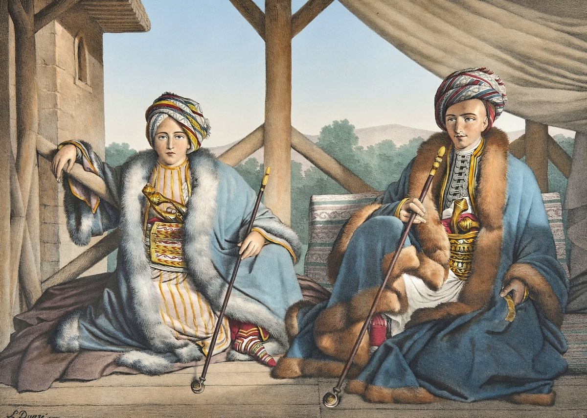 OttomanArchive's tweet photo. 📷 Portrait of Ismail Bey and Mehmed Pasha in Tyrnavos (#Thessaly, Greece), 1819. Sons of Veli Pasha of Thessaly, and Grandsons of Ali Pasha of Tepelena, Vizier of Janina.
"The portrait was created in Thessaly (at the palace in Tyrnavos, the center of the Thessaly Governorate at the time). During his travels to the East in 1819, the French painter Louis Dupré visited Ali Pasha of Tepelena in Janina and drew his famous portrait before setting off for Athens. En route, he was hosted at the palace of Veli Pasha (Ali Pasha's son), the Governor of Thessaly. The portrait in question of Ismail Bey and Mehmed Pasha was painted from life during this stay at Veli Pasha's palace, at a time when the boys' father and grandfather were at the height of their power."
(Restorated by AI)