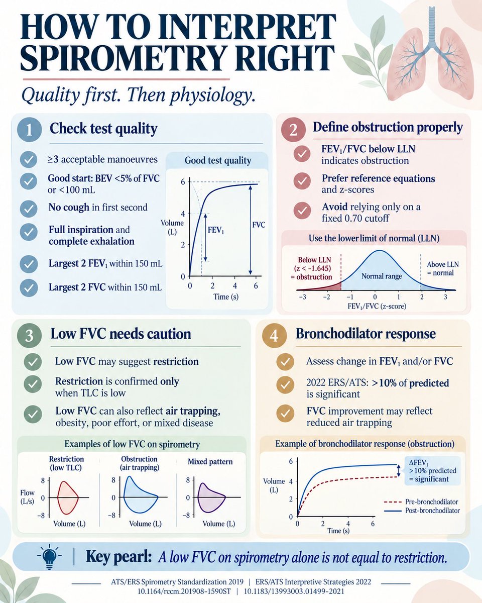 dr_immuno29's tweet photo. 🫁 SPIROMETRY IS ONLY THE BEGINNING

PFT interpretation works best as:

QUALITY → PATTERN → PHYSIOLOGY → CLINICAL CONTEXT

🔹 QUALITY FIRST
≥3 acceptable manoeuvres
Repeatability: largest 2 FEV₁ & FVC within 150 mL
Good start: BEV <5% FVC or <100 mL (whichever is greater)

🔹 OBSTRUCTION
FEV₁/FVC < LLN → airflow obstruction
Prefer reference equations + z-scores over a fixed 0.70 cutoff
LLN ≈ z −1.645
“<80% predicted = abnormal” is an oversimplification

🔹 LOW FVC ≠ RESTRICTION
Restriction requires ↓TLC
Low FVC may also reflect:
→ air trapping
→ obesity
→ neuromuscular weakness
→ poor effort
→ mixed physiology

🔹 LUNG VOLUMES
↑RV / ↑RV:TLC → air trapping
↑FRC + ↑RV ± ↑TLC → hyperinflation
Spirometry alone cannot directly measure RV, FRC or TLC

🔹 BRONCHODILATOR RESPONSE
ERS/ATS 2022: change in FEV₁ or FVC >10% of predicted value = significant response
⚠️ This is not the same as >10% change from baseline

🔹 BODY PLETHYSMOGRAPHY
Measures thoracic gas volume
Useful for RV, FRC, TLC & trapped gas
Gas-dilution methods may underestimate lung volumes when significant gas trapping is present

🔹 OSCILLOMETRY
Assesses respiratory impedance during quiet tidal breathing

R5 → total respiratory resistance
R20 → predominantly central airway component
R5−R20 → frequency dependence / peripheral airway involvement
X5 → reactance
AX & Fres → additional indices of abnormal respiratory mechanics

📌 THE SIMPLE FRAMEWORK

FLOW → Spirometry
VOLUMES → Plethysmography
MECHANICS → Oscillometry

Don’t interpret an isolated number. Interpret the physiology.

ATS/ERS standards 2019–2023
DOI: 10.1164/rccm.201908-1590ST
DOI: 10.1183/13993003.01499-2021

#Spirometry #PulmonaryFunctionTests #LungVolumes #Oscillometry #Asthma #RespiratoryMedicine