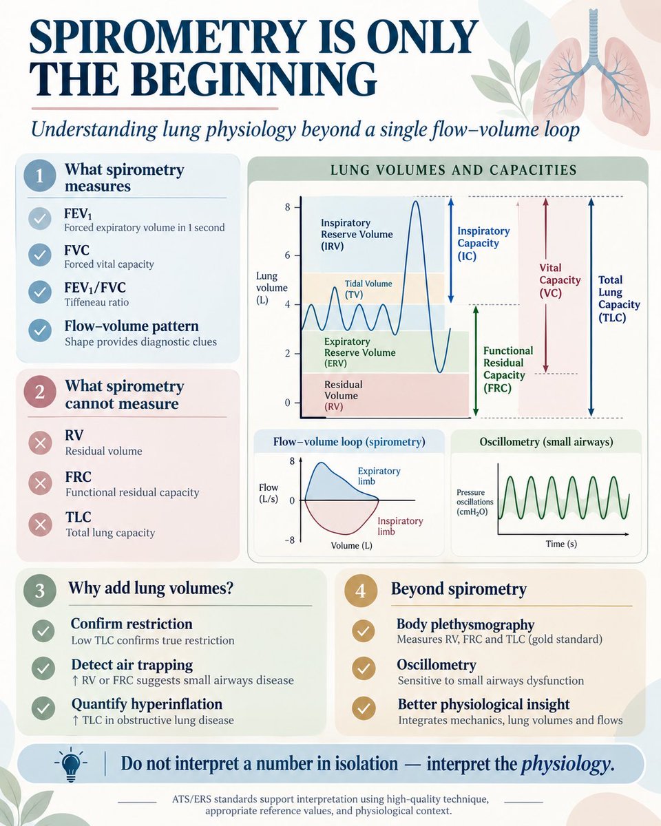 dr_immuno29's tweet photo. 🫁 SPIROMETRY IS ONLY THE BEGINNING

PFT interpretation works best as:

QUALITY → PATTERN → PHYSIOLOGY → CLINICAL CONTEXT

🔹 QUALITY FIRST
≥3 acceptable manoeuvres
Repeatability: largest 2 FEV₁ & FVC within 150 mL
Good start: BEV <5% FVC or <100 mL (whichever is greater)

🔹 OBSTRUCTION
FEV₁/FVC < LLN → airflow obstruction
Prefer reference equations + z-scores over a fixed 0.70 cutoff
LLN ≈ z −1.645
“<80% predicted = abnormal” is an oversimplification

🔹 LOW FVC ≠ RESTRICTION
Restriction requires ↓TLC
Low FVC may also reflect:
→ air trapping
→ obesity
→ neuromuscular weakness
→ poor effort
→ mixed physiology

🔹 LUNG VOLUMES
↑RV / ↑RV:TLC → air trapping
↑FRC + ↑RV ± ↑TLC → hyperinflation
Spirometry alone cannot directly measure RV, FRC or TLC

🔹 BRONCHODILATOR RESPONSE
ERS/ATS 2022: change in FEV₁ or FVC >10% of predicted value = significant response
⚠️ This is not the same as >10% change from baseline

🔹 BODY PLETHYSMOGRAPHY
Measures thoracic gas volume
Useful for RV, FRC, TLC & trapped gas
Gas-dilution methods may underestimate lung volumes when significant gas trapping is present

🔹 OSCILLOMETRY
Assesses respiratory impedance during quiet tidal breathing

R5 → total respiratory resistance
R20 → predominantly central airway component
R5−R20 → frequency dependence / peripheral airway involvement
X5 → reactance
AX & Fres → additional indices of abnormal respiratory mechanics

📌 THE SIMPLE FRAMEWORK

FLOW → Spirometry
VOLUMES → Plethysmography
MECHANICS → Oscillometry

Don’t interpret an isolated number. Interpret the physiology.

ATS/ERS standards 2019–2023
DOI: 10.1164/rccm.201908-1590ST
DOI: 10.1183/13993003.01499-2021

#Spirometry #PulmonaryFunctionTests #LungVolumes #Oscillometry #Asthma #RespiratoryMedicine
