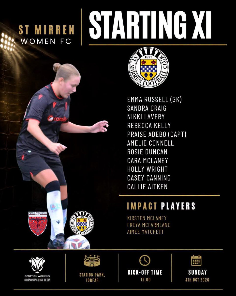 stmirrenwfc's tweet photo. 🏆 MATCHDAY | STARTING XI ⚫⚪
It’s cup action for the Saints today as we face Forfar Farmington at Station Park in the SWF Championship & League One Cup.
⚽ Forfar Farmington 🆚 St Mirren Women
📍 Station Park, Forfar
🕛 Kick-off: 12pm
COME ON YOU SAINTS!
#SMWFC #SWFCup https://t.co/d1O1iASR9f