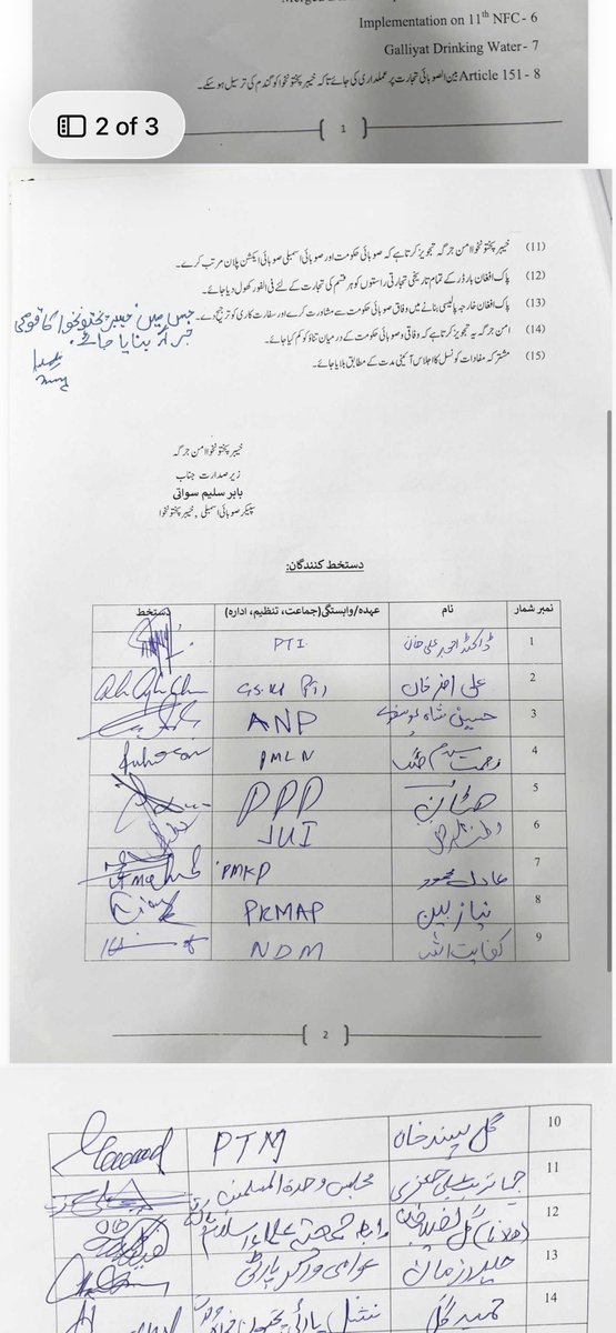 rizwanghilzai's tweet photo. خیبرپختونخوا میں دہشتگردی کے خلاف پالیسی کی تبدیلی اکیلے سہیل آفریدی کی خواہش نہیں، خیبرپختونخوا کی تمام سیاسی جماعتوں کی متفقہ رائے ہے۔ 
کے پی اسمبلی میں ہونے والے جرگے کا متفقہ اعلامیہ اور اس پر مسلم لیگ ن اور پیپلزپارٹی سمیت تمام جماعتوں کے دستخط بطور یادگار موجود ہیں۔ https://t.co/PBa7XVuIY6
