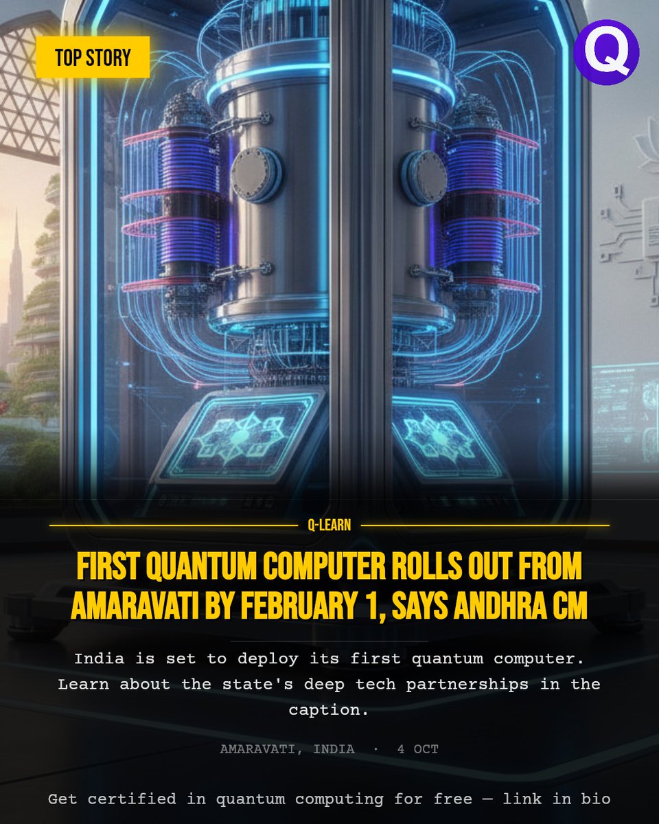 QLearnQuantum's tweet photo. Andhra Pradesh is poised to roll out India's first quantum computer from Amaravati by February 1.

Q-Learn is supported by BlackHills Quantum, QuantumDiamonds, Aqora, Quantropi and QZabre.

#quantum #quantumcomputing #tech https://t.co/EIVd4cfSH9
