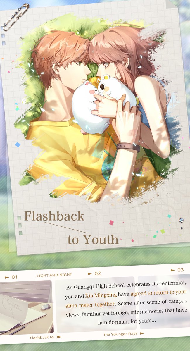 lightnnightsea's tweet photo. ✦ Flashback to Youth ✦ Limited-Time Event

As Guangqi High School celebrates its centennial, you and Xia Mingxing have agreed to return to your alma mater together. Scene after scene of campus views, familiar yet foreign, stir memories that have lain dormant for years...

✨Event Period: 05:00 Oct 7, 2026 (GMT+7) - 04:59 Oct 14, 2026 (GMT+7)
✨Event Overview: Return to your alma mater together with Xia Mingxing and relive days gone by. Collect the event item [Cloud Crane] to randomly unlock campus scenery photo fragments in the [Album of Past Gleams]. Once you complete all 16 photos, you will receive [5-Star Bond] Xia Mingxing · Moments Held Dear.
✨Gameplay Details:

✦ STEP 1
Clear Inspiration stages to collect the required amount of [Floating Dream Wings] and unlock daily progress rewards (resets daily at 5:00 AM).
Once you've accumulated enough [Floating Dream Wings], challenge the Paper Crane Hard Stage to collect the event item [Cloud Crane] as a drop (challenge attempts reset daily at 5:00 AM).

✦ STEP 2
Use the event item [Cloud Crane] to replay memories in the [Album of Past Gleams], randomly obtaining campus scenery photo fragments. Each time you complete a full campus scenery photo, you'll hear one of his personal messages, recalling the campus memories the two of you once shared.

✦ STEP 3
Collect all 16 photos in the [Album of Past Gleams] to receive [5-Star Bond] Xia Mingxing · Moments Held Dear (claimed on the Album of Past Gleams interface), along with the event's exclusive Title [Dreamer of Youth] (claimed in the Limited-Time Plan). Once the Title is equipped, Designers can use [Xuejie] in place of their nickname in Xia Mingxing's storyline.
After obtaining Xia Mingxing · Moments Held Dear, Designers can use the event item [Cloud Crane] to exchange for the Bond's exclusive Unforgotten at the Store - Sec. 5.

✦ Official Light and Night SEA Webshop: https://t.co/RMYQ86nqPD
✦ Join our Discord: https://t.co/Y1ilSKomzw
✦ Join our Facebook Community: https://t.co/6ETQxSDCca

 #LightandNight