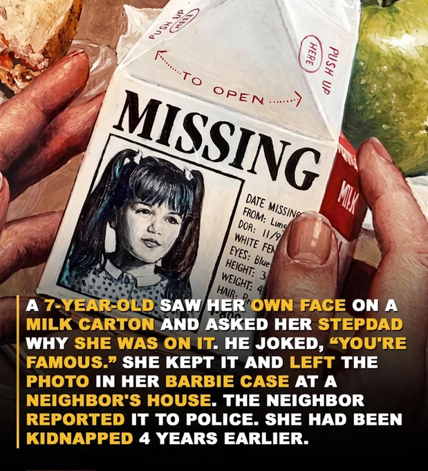 The image shows hands holding a milk carton featuring a "MISSING" poster with a young girl's photo, with the date "11/9" visible. The caption explains that 7-year-old Bonnie Lohman recognized herself on this milk carton in 1985, four years after being kidnapped by her mother, leading to her rescue after a neighbor reported finding the photo to police.