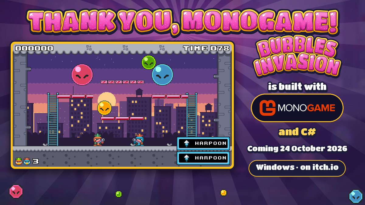gsdinteractive's tweet photo. Thank you, @MonoGameTeam! 💜

Bubbles Invasion is built with MonoGame and C#. After 40+ years of programming (since the VIC-20/C64), building with it has been a joy.

Launches 24 October for Windows on https://t.co/T38nuHX6CJ (link below 👇)

#BuiltWithMonoGame #csharp #gamedev https://t.co/DRO6QZUXyL