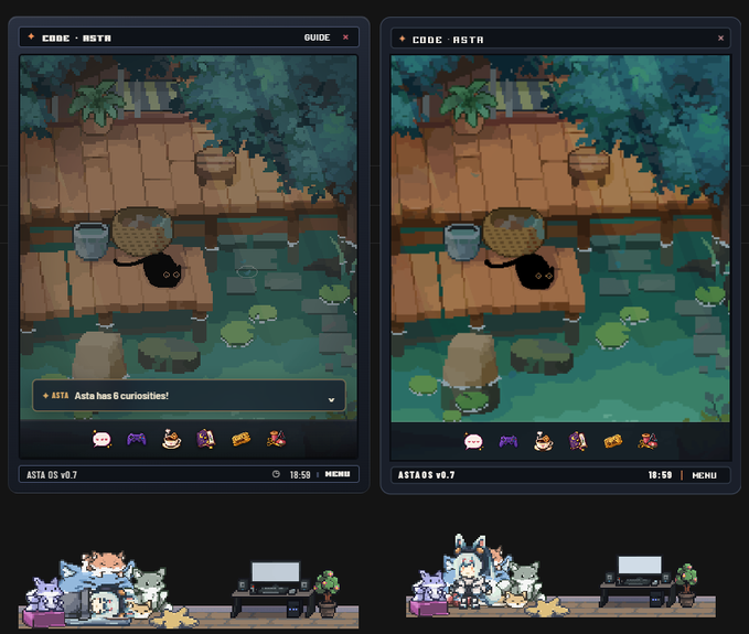Two side-by-side screenshots of the pixel-art game 'CODE ASTA' showing a black cat on a wooden dock, with the left side displaying a guide notification that 'ASTA has 8 curiosities!'.
