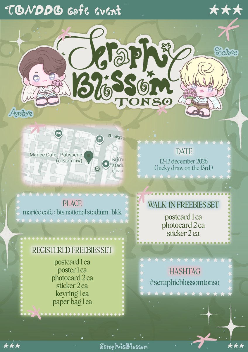 seraphicblssmts's tweet photo. ꒰১ 2026 TONDDO CAFE EVENT ໒꒱

#seraphicblossomtonso 

under the wings of angels, where purest hearts bloom 🪷 we warmly invite you to anton &amp; sohee's special sanctuary 

ʚɞ date: december 12-13, 2026 
location: mariée cafe, bkk ʚɞ

#tonddo #톤또 https://t.co/kZp0M9ngGh