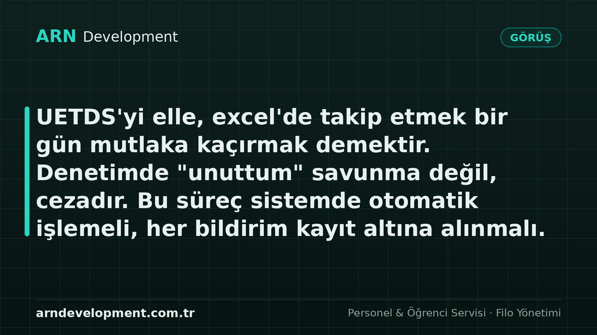 arndevelopment's tweet photo. UETDS'yi elle, excel'de takip etmek bir gün mutlaka kaçırmak demektir. Denetimde "unuttum" savunma değil, cezadır. Bu süreç sistemde otomatik işlemeli, her bildirim kayıt altına alınmalı. #servisyazılımı #filoyönetimi https://t.co/mpeLLIpqCy