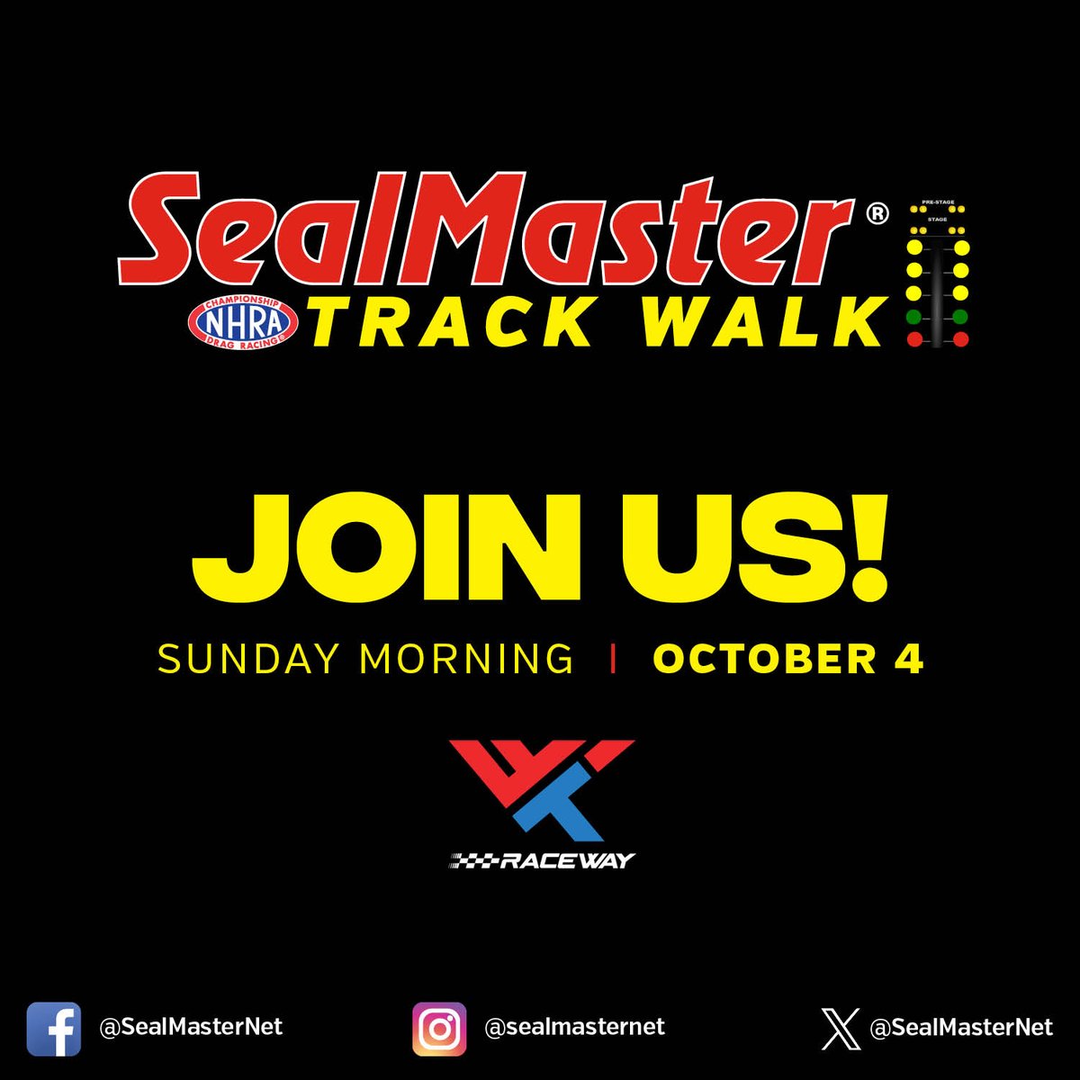 SealMasterNet's tweet photo. Get closer to the action at the Midwest Nationals! 🏁

Join us for the #NHRA SealMaster Track Walk at @WWTRaceway and experience the dragstrip up close before the action begins. #MidwestNats https://t.co/hYb5KJKJrN