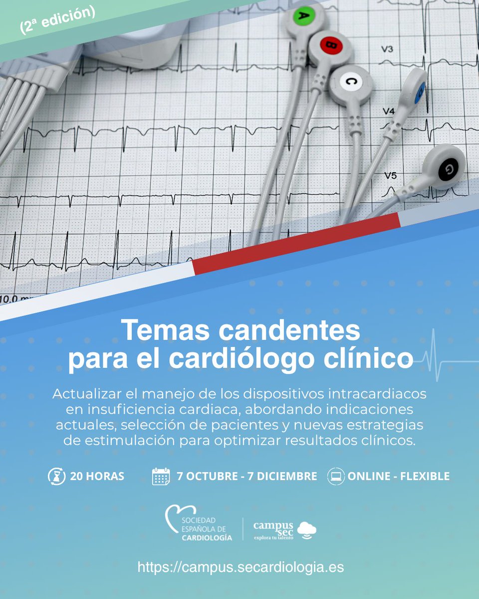 secardiologia's tweet photo. 🫀 ¿Quieres ponerte al día en los grandes retos de la cardiología clínica?
Inscríbete en la 2.ª edición del curso "Temas candentes para el cardiólogo clínico" de #CampusSEC.
📅 Del 7 de octubre al 7 de diciembre
💻 Online | 20 horas
🔗Accede al programa: https://t.co/yjwgvZM72l
@SeguraCardio @BonanadClara @S_Raposeiras @JovenesSec @ResiSec