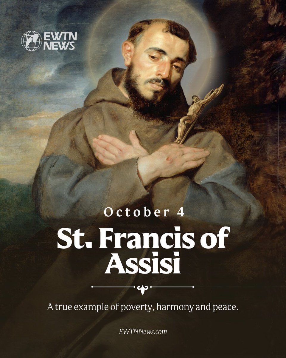 EWTNews's tweet photo. On Oct. 4, Roman Catholics celebrate the feast of St. Francis of Assisi, the Italian deacon who brought renewal to the Church through his decision to follow Jesus' words as literally as possible.

The future Saint Francis was born on an uncertain date in the early 1180s, one of the several children born to the wealthy merchant Pietro Bernardone and his wife Pica. He originally received the name Giovanni (or John), but became known as Francesco (or Francis) by his father's choice.

Unlike many medieval saints, St. Francis was neither studious nor pious in his youth. His father's wealth gave him access to a lively social life among the upper classes, where he was known for his flashy clothes and his readiness to burst into song. Later a patron of peacemakers, he aspired to great military feats in his youth and fought in a war with a rival Italian city-state.

A period of imprisonment during that conflict turned his mind toward more serious thoughts, as did a recurring dream that suggested his true “army” was not of this world. He returned to Assisi due to illness in 1205, and there began consider a life of voluntary poverty.

Three major incidents confirmed Francis in this path. In Assisi, he overcame his fear of disease to kiss the hand of a leper. Afterward, he made a pilgrimage to Rome, where he deposited his money at Saint Peter's tomb and exchanged clothes with a beggar. Soon after he returned home, Francis heard Christ tell him in a vision: “Go, Francis, and repair my house, which as you see is falling into ruin.”

Francis began to use his father's wealth to restore churches. This led to a public quarrel in which the cloth-merchant's son removed his clothing and declared that he had no father except God. He regarded himself as the husband of “Lady Poverty,” and resolved to serve Christ as “a herald of the Great King.”

During the year 1208, the “herald” received the inspiration that would give rise to the Franciscan movement. At Mass one morning, he heard the Gospel reading in which Christ instructed the apostles to go forth without money, shoes, or extra clothing. This way of life soon became a papally-approved rule, which would attract huge number of followers within Francis' own lifetime.

Through his imitation of Christ, Francis also shared in the Lord's sufferings. He miraculously received Christ's wounds, the stigmata, in his own flesh during September of 1224. His health collapsed over the next two years, a “living sacrifice” made during two decades of missionary preaching and penance.

St. Francis of Assisi died on Oct. 3, 1226. Pope Gregory IX, his friend and devotee, canonized him in 1228.

https://t.co/qQIQDswOzL