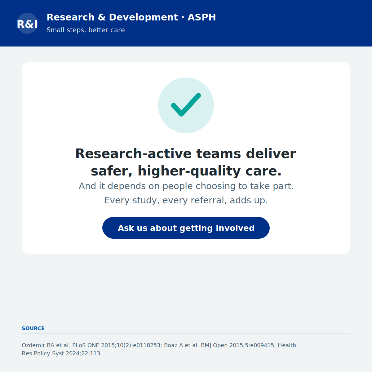 RDASPFT's tweet photo. Research-active teams deliver safer, higher-quality care (Ozdemir 2015; Boaz 2015, 2024) — and it depends on people.

Colleagues: open or join a study. Patients: ask your team about research you could take part in.
#ClinicalResearch #NHS #ASPH https://t.co/E1GxEUXk2h