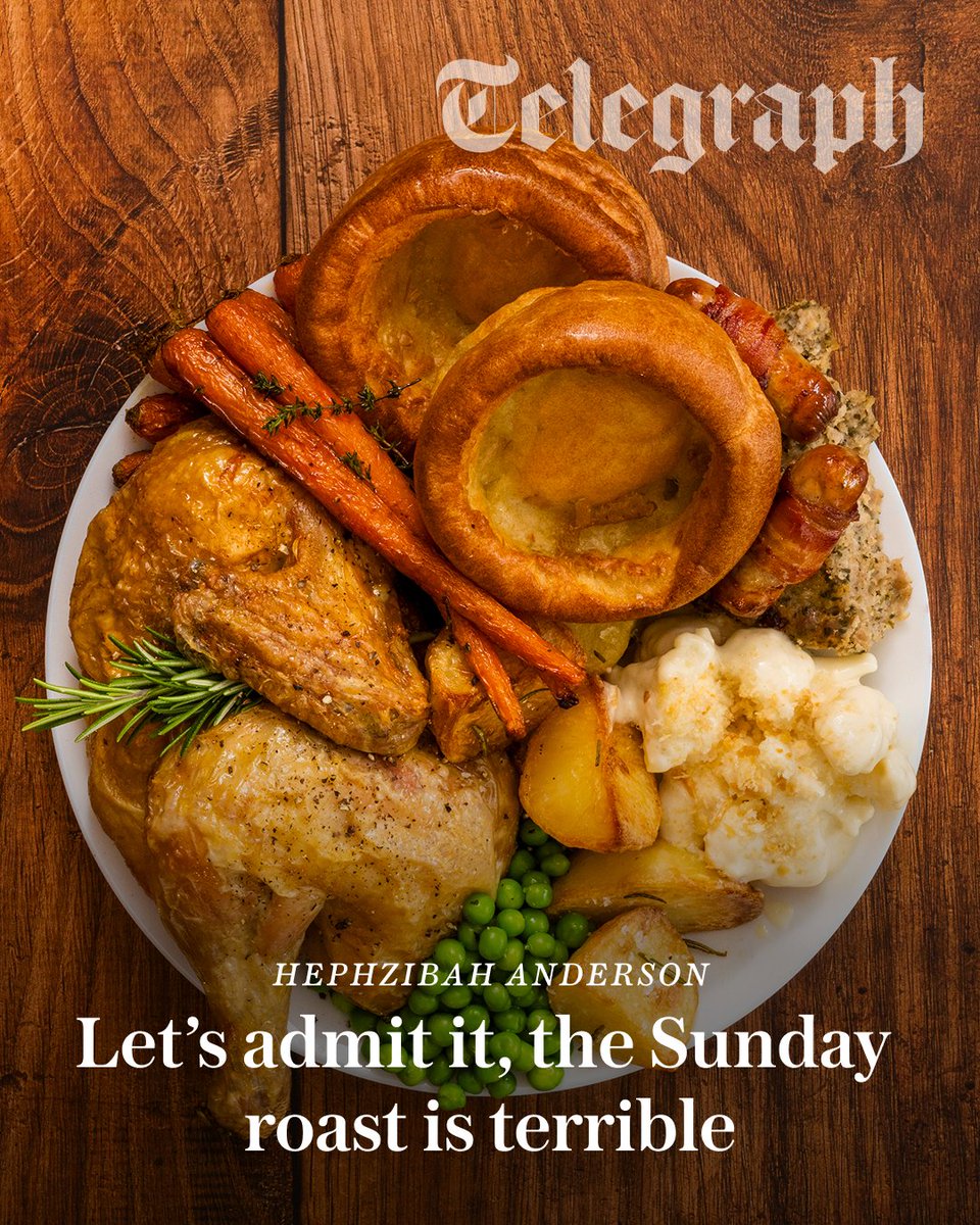 Telegraph's tweet photo. Our writer has had enough of Britain’s most sacred Sunday ritual - has a few complaints.

It’s expensive, time-consuming, heavy and, increasingly, enormous. Even worse, 39 per cent of Gen Z now put ketchup on theirs ⤵️
https://t.co/uHbTlBJZF7 https://t.co/oJmBmxRlQj