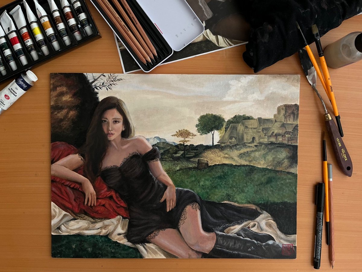 hyohyojihyo's tweet photo. “경기도의 비너스”
Oil on canvas, 30x40 cm

My reinterpretation of Giorgione’s Sleeping Venus is finally complete! This is my third oil painting ever, and return after three long years. Thank you for always being my muse Jihyo~

#ZyosOnceZone #원스지금모하죠
#JIHYO #TWICE #fanart https://t.co/1XTg2YLmNW