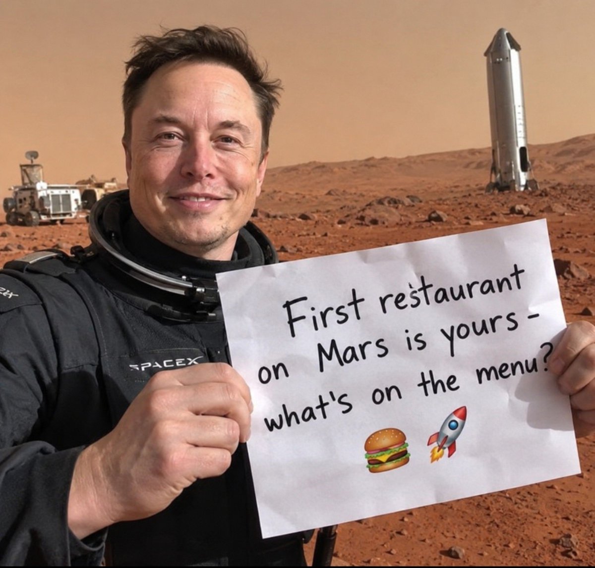 honestMuskAOC's tweet photo. If Elon Musk asked you to design the first restaurant on Mars, what would you put on the menu? 🍔🚀 https://t.co/iUXht3EV6u