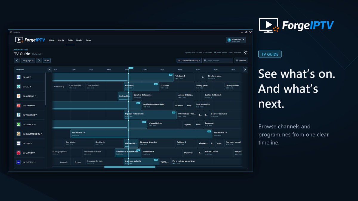 ForgeIPTV's tweet photo. Your usual channel has nothing interesting on. What else is playing?

ForgeIPTV’s TV Guide lets you browse programmes across channels and look ahead before choosing.

Available on Windows.

https://t.co/eJtOuaK0c9

#LiveTV #EPG #WindowsApp https://t.co/ixPXEoCy7w