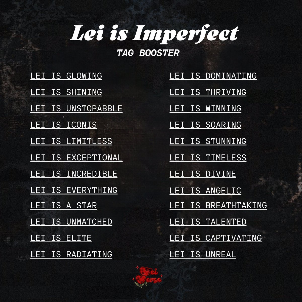 leiverseofc's tweet photo. [ TAG BOOSTER ]

Let’s make some noise for our girl!

Use the tag boosters below and let’s fill the timeline with love and appreciation for Lei! ⋆˚𝜗𝜚˚⋆

LEI is IMPERFECT
#IMPERFECT #XNRImPerfect
#XONARA @officialxonara https://t.co/TR0avd3MV1
