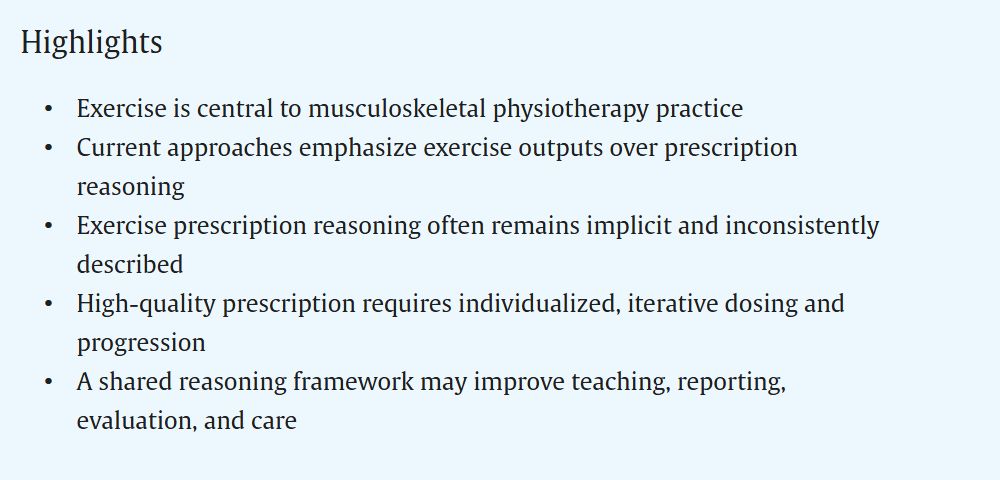 MSKPhysioJnl's tweet photo. Exercise prescription in musculoskeletal physiotherapy is framed as  a transparent, patient-centered reasoning process: not standardizing the exercises themselves but standardizing how  clinicians select and adapt the exercises.

This shift aims to turn implicit clinical judgment into an explicit, teachable, and reproducible framework that helps distinguish warranted individualization from unwarranted variation.
Link here: https://t.co/8XrSEbZNCS 

#Framework #Exercise prescription #Clinical reasoning #Musculoskeletal physiotherapy