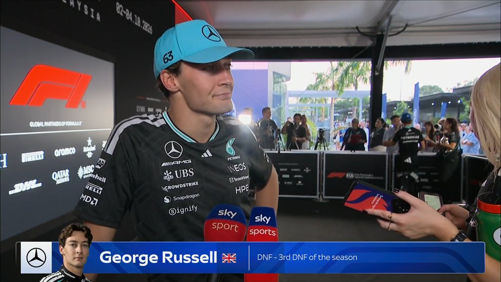 MercedesAMGPCF1's tweet photo. 🚨 George speaking to Sky Sports F1:

🗣️"You’ve almost got to laugh. I’m beyond disappointment. It’s just so many times this season it’s happened. It’s a real shame, but we just keep on fighting. Just keep on trying to go."

"The podium looked very certain. Solid race, not amazing race, but solid race. Not the first time, so I’m pretty used to this feeling and these questions."

"I don't need to say I think it's gone or whatever, but of course [the title] exceptionally unlikely. A three-point loss to Kimi turned into an 18-point loss. If it had been on the other side, it would have been an 18-point gain."

"It's a real shame, but that's just how it is"