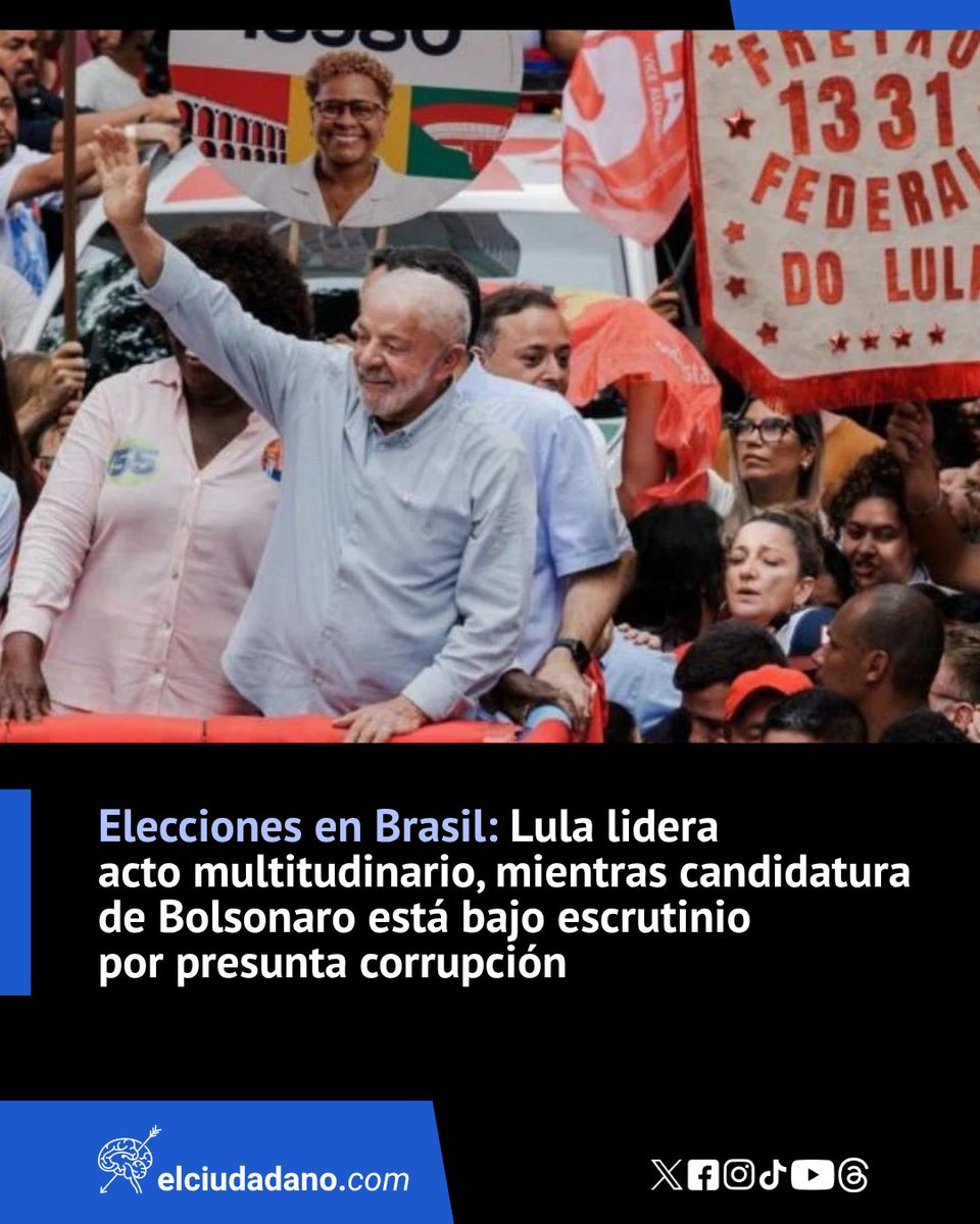 El_Ciudadano's tweet photo. Luiz Inácio Lula da Silva, quien aspira a la reelección en Brasil Cerró su campaña para las elecciones con una caravana junto miles de sus seguidores en las calles de São Paulo, mientras que su contrincante, el ultraderechista, Flavio Bolsonaro, está siendo investigado por corrupción, blanqueo de capitales y evasión de divisas

Lee la nota completa en el link 🔗https://t.co/Eo5CX8nOyx