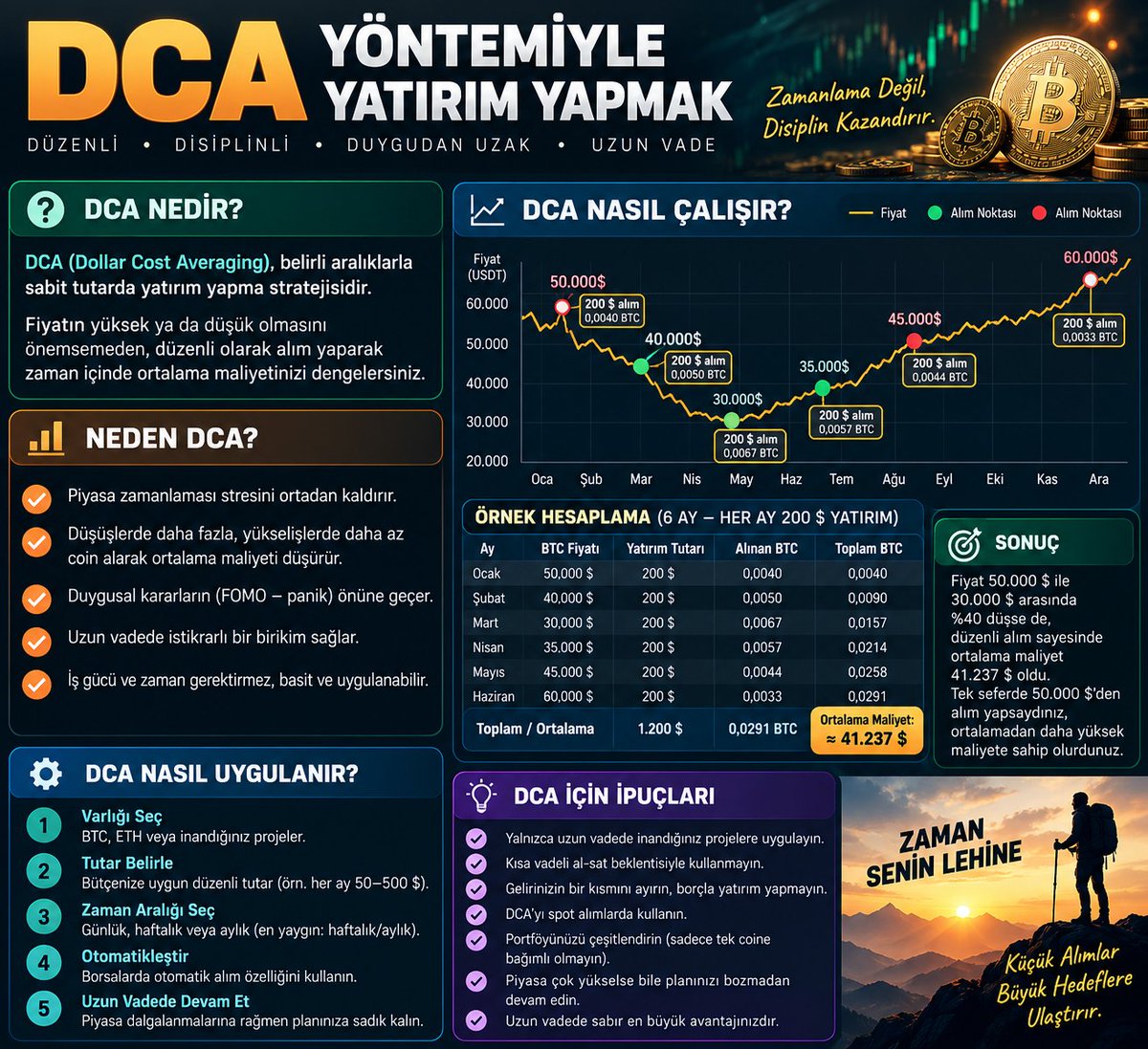 bingoloji's tweet photo. 📊 DCA: ZAMANLAMAYA DEĞİL, SİSTEME OYNA

Piyasanın dibini veya tepesini tam olarak tahmin etmek zordur.

DCA, fiyat ne olursa olsun belirli aralıklarla sabit miktarda alım yapmaktır.

2022 ayı piyasasında başlayıp 2023 ve 2024 boyunca düzenli BTC alan bir yatırımcı:

• Düşük fiyatlarda daha fazla BTC topladı.
• Tek bir giriş fiyatına bağlı kalmadı.
• Ortalama maliyetini zamana yaydı.

Bitcoin’in 2024 halving sonrası yükselişiyle 2025’te yeni zirveler görülürken, asıl ders şuydu:

Dibin neresi olduğunu bilmeden de düzenli yatırım yapılabilir.

DCA’nın amacı dibi bulmak değil, ayı piyasasında disiplinli şekilde pozisyon oluşturmaktır.

2022 → Korkuda toplar
2023 → Birikime devam eder
2024 → Trendi takip eder
2025 → Kâr realizasyonunu planlar

DCA, yatırım kararını şu sorudan kurtarır:

❌ “Şimdi alsam düşer mi?”

✅ “Bu ayki alımımı yaptım mı?”

DCA kusursuz değildir. Zirvelerde plansızca alıma devam etmek, ortalama maliyeti yükseltebilir.
#DCA #Bitcoin #KriptoPara #Yatırım #Birikim #FinansalOkuryazarlık