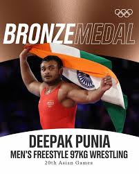 VijayKChy's tweet photo. Asian Games 2026 की 97 kg Freestyle Wrestling स्पर्धा में Bronze Medal जीतकर देश का गौरव बढ़ाने वाले दीपक पूनिया जी को हार्दिक बधाई एवं शुभकामनाएँ।

आपका शानदार प्रदर्शन, संयम और दृढ़ संकल्प देश के युवा खिलाड़ियों के लिए प्रेरणा है।
#AsianGames2026 #wrestling #bronzemedalist #TeamIndia