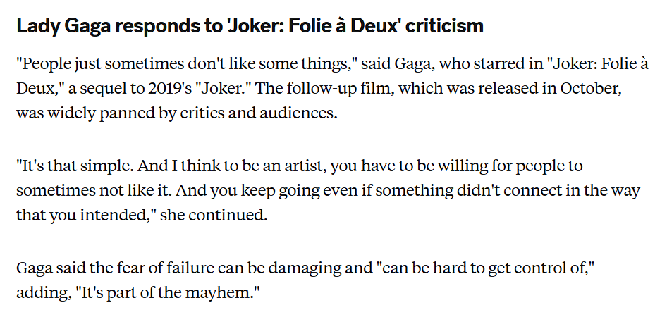 BraveForGaga95's tweet photo. Let's all remember how Lady Gaga handled the criticism for Joker: Folie à Deux and how her reaction was better than 90% of Hollywood when their movies goes wrong. She didn't blame the audience for being the "stupid ones" or anyone else, she just said the most logical thing ever https://t.co/nsvQTirWGz