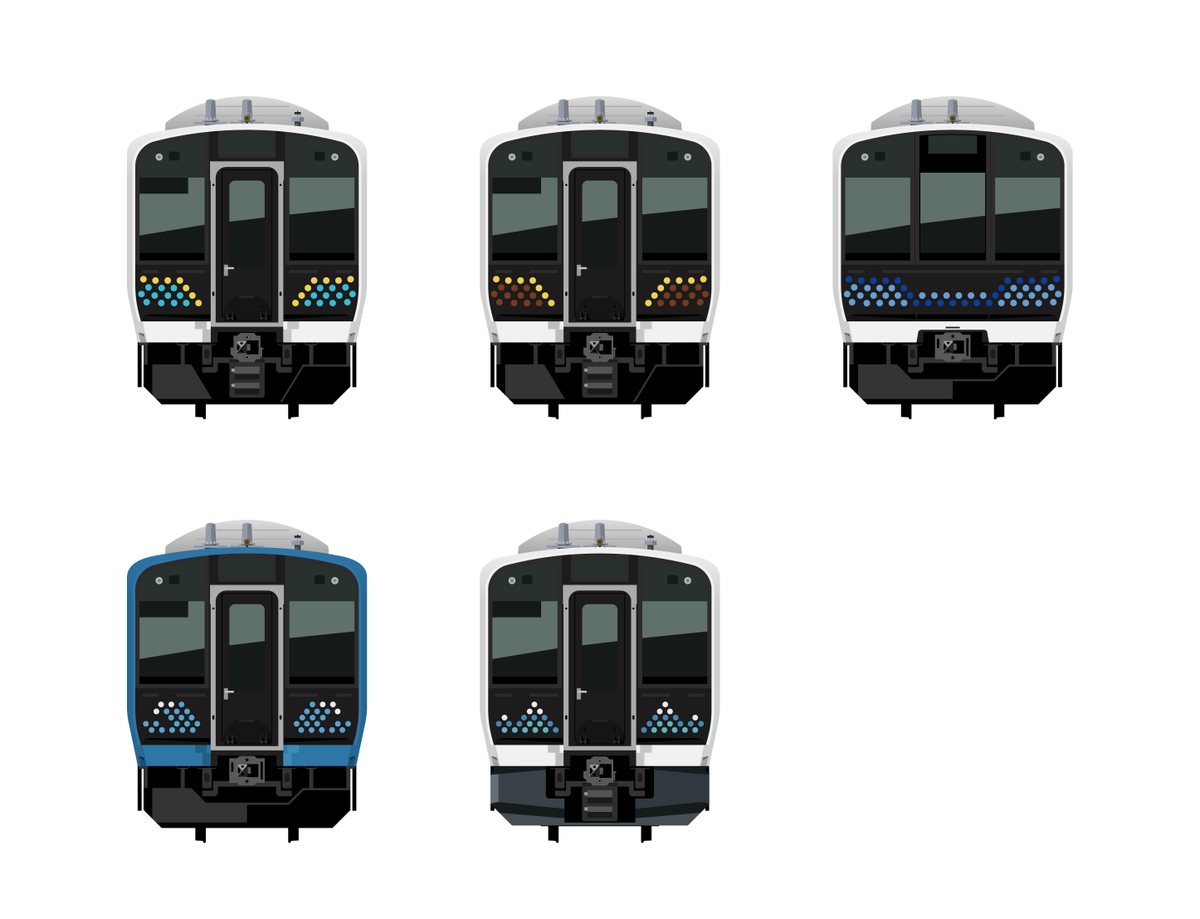 mrdensha's tweet photo. 結果としてE235系は広域展開自体しなかったけど、せっかく窓下の面積が広いんだし路線によってグラフィック変えたりすりゃいいのに、みたいなことは登場以来ずっと思ってたので、E131系のアプローチは個人的に最適解すぎるんよね。

ドットという共通項で形式としてのキャラも確立してるのが秀逸。 https://t.co/FDiwdoYwCm
