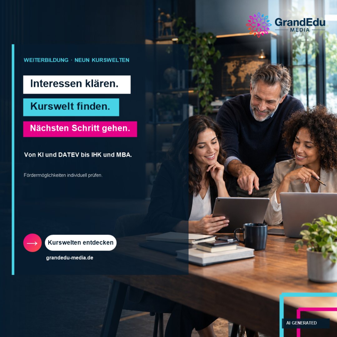 GrandEduMedia's tweet photo. Werbung: Weiterbildung passt dann, wenn Thema, Ziel und Alltag zusammenpassen. Entdecken Sie unsere Kurswelten – von KI und DATEV bis IHK und MBA. Förderung nach individueller Prüfung. https://t.co/GtSC55aogS #Weiterbildung https://t.co/OLujBfESis