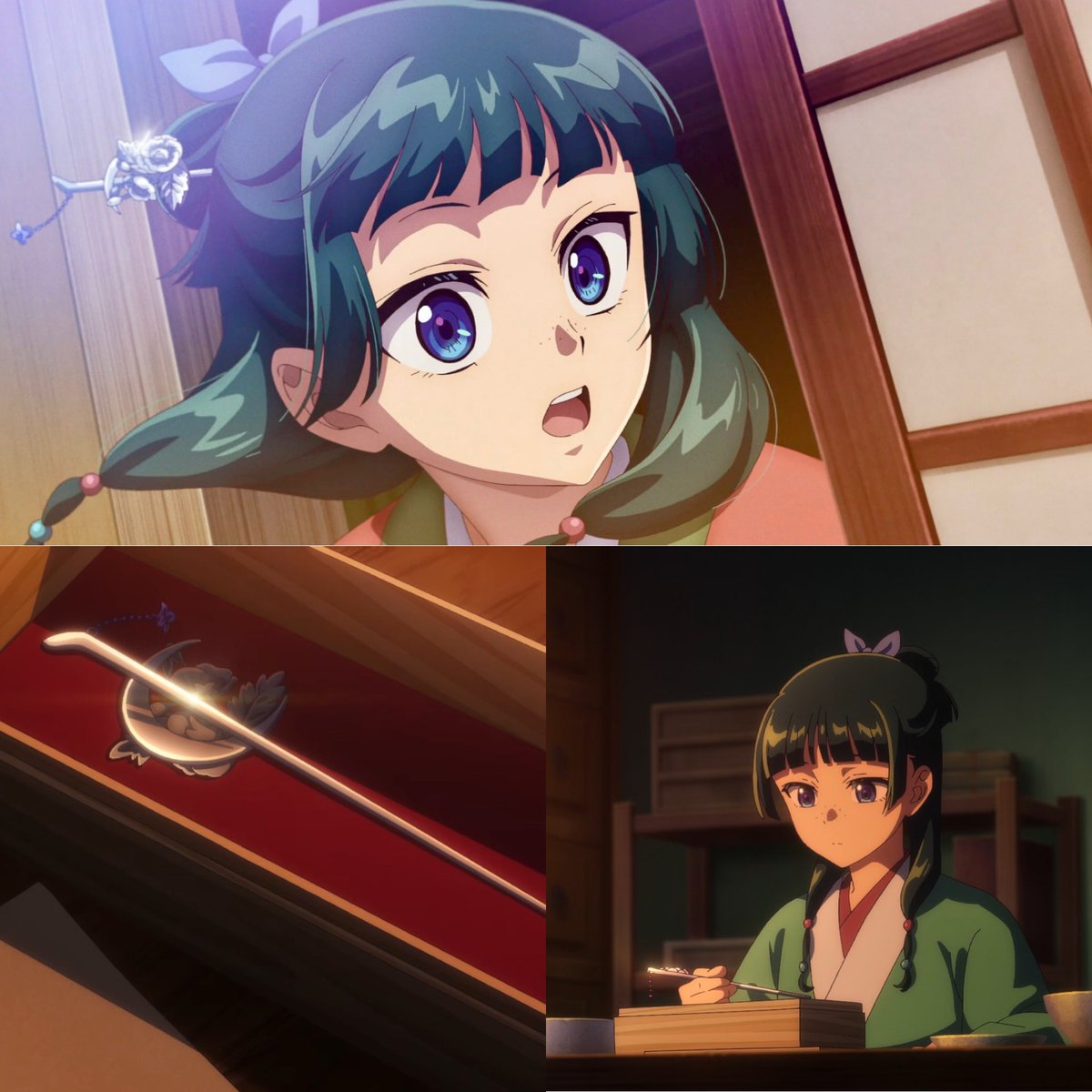 keiuzuki's tweet photo. Maomao went from trying to give away Jinshi's first hairpin so easily, to wearing his specifically crafted hairpin meant to symbolize his love for her ON HER OWN WILL, and keeping it safely in the wooden box. https://t.co/Fc8Qh90sOz
