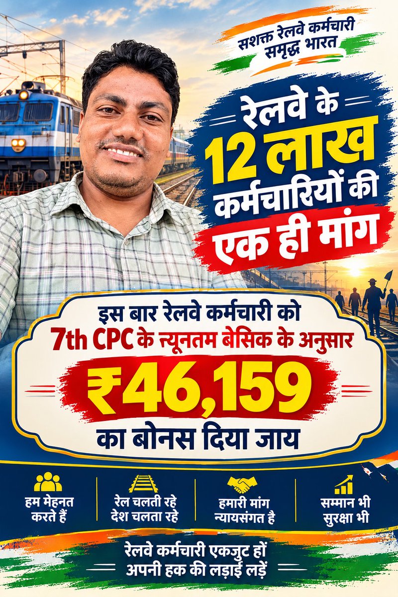 DolikaSatish's tweet photo. रेलवे के 12 लाख कर्मचारियों की एक ही मांग। इस बार रेलवे कर्मचारी को 7th CPC  के न्यूनतम  बेसिक के अनुसार 46159 रूपये का बोनस दिया जाय। @RailMinIndia @AshvaniVaishna3 @PMOIndia #railwaybonus #railwaybonus46159 @RailMinIndia #railindia https://t.co/FsaI9xRnYr
