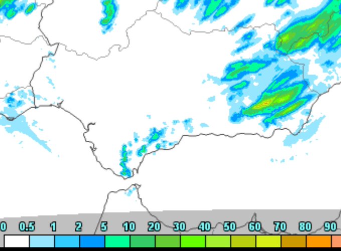 A weather radar map showing precipitation intensity across a coastal region in shades of blue, green, and yellow, with a scale at the bottom ranging from 0 to 90.