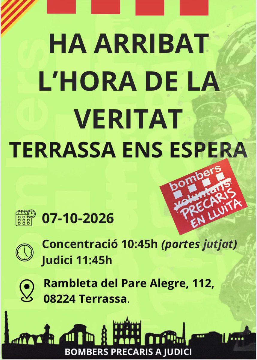 BombersPrecaris's tweet photo. Després de tant de temps de treball i lluita, ha arribat l’hora de la veritat!

1r judici de BPELL contra la Generalitat de Catalunya.

Terrassa ens espera!! Tots allà a donar suport! 💪🏽💪🏽💪🏽

#sombombers #capbombersenseseguretatsocial #bombersprecarisenlluits #terrassa https://t.co/8F5zFERpQe