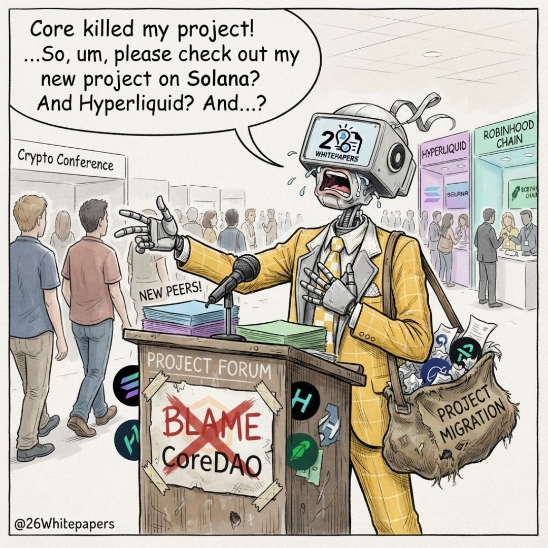 26Whitepapers's tweet photo. “#Core killed our project.”

“#Coretoshis, please follow us to XYZ chain. We have so many rewards waiting for you.”

What a joke. 😂🤣

Imagine blaming @Coredao_Org for your failure to build a community around your own product.

If your entire growth strategy is waiting for another ecosystem to collapse so you can poach its users, maybe the problem isn't Core.

Maybe you simply haven't figured out how to build.

If you haven't read the thread below yet, you're missing the bigger picture.

Read it. 👇