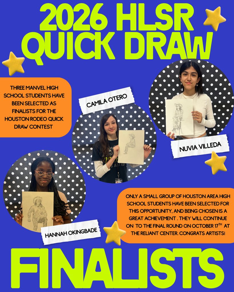 ManvelHS's tweet photo. Like barrel racing in the rodeo arena, the Quick Draw Contest is a competition against the clock. The contestants each are given an 11-by-14-in piece of paper to sketch their masterpiece in 50 min. Congratulations to Oyindamola (Hannah) Akingbade, Camila Otero and Nuvia Villeda. https://t.co/3DxPS5ZtVP