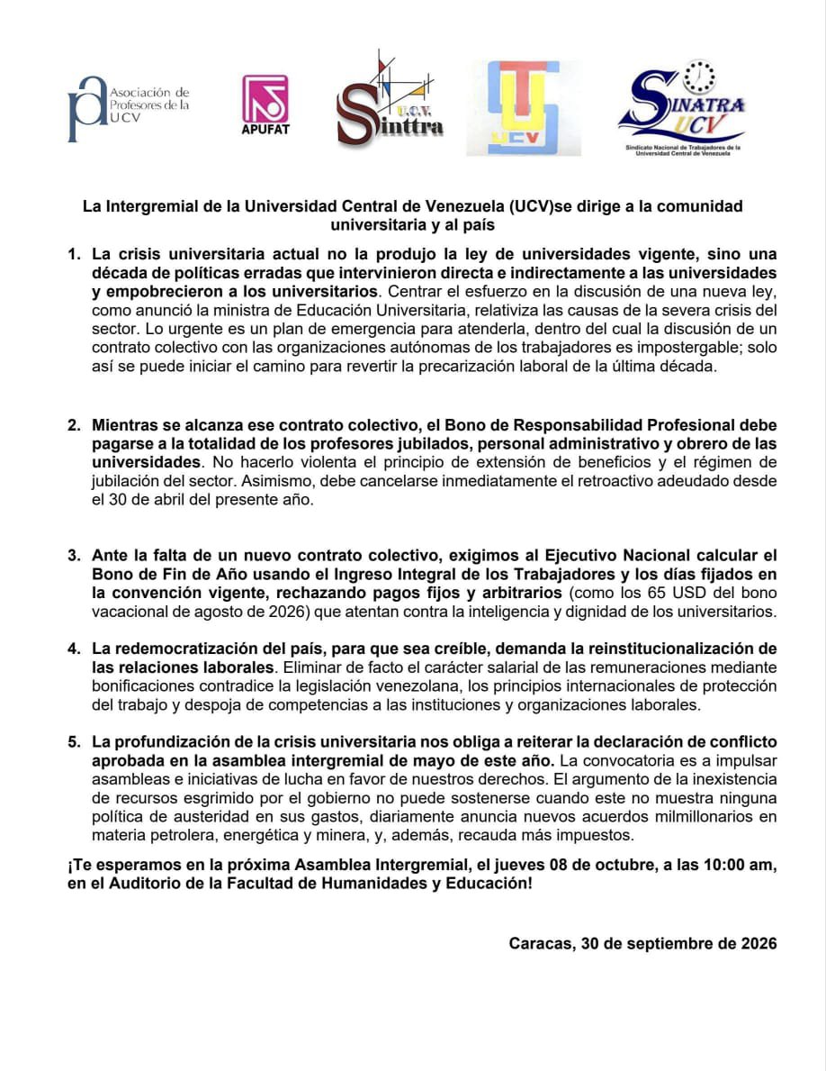APUCV's tweet photo. Comunicado de la Intergremial Universitaria de la UCV en relación a la crisis universitaria actual.

El próximo 08 de octubre se realizará una asamblea Intergremial Universitaria en el auditorio de la Facultad de Humanidades y Educación, a las 10:00 am. Te esperamos!

#UCV https://t.co/WNIlj5mTjC