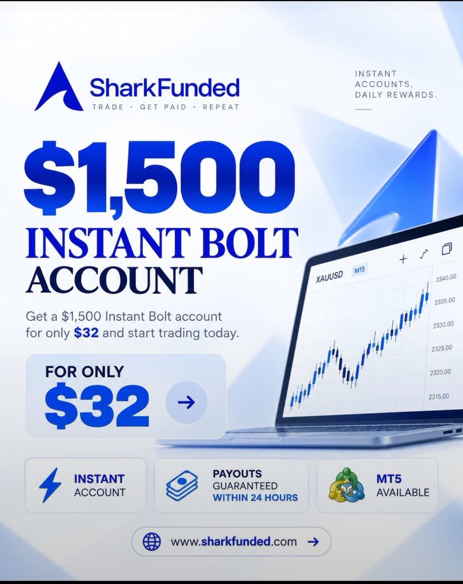 fx_abbakar's tweet photo. 🚨 SHARKFUNDED $1,500 INSTANT BOLT ACCOUNT! With @SharkFundedfirm 🦈✅

Get funded for only $32 and start trading instantly. 💰📈

⚡ Instant Account
💸 Payouts within 24 hours
📊 MT5 Available

If you’re looking for a low-cost way to get started, check this out.

Trade. Get Paid. Repeat. 🦈💙

#SharkFunded #Forex #Trading #PropFirm