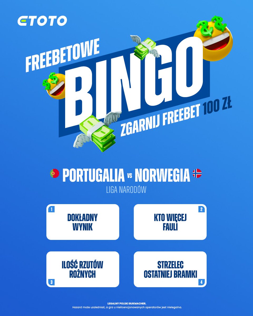 etotopl's tweet photo. Odpalamy 𝐅𝐑𝐄𝐄𝐁𝐄𝐓𝐎𝐖𝐄 𝐁𝐈𝐍𝐆𝐎 na #PORNOR! 🏟️

💠 Wytypuj zdarzenia w meczu Portugalia - Norwegia

💠 Poprawne wytypowanie wszystkich sprawi, że na Twoim koncie pojawi się 1⃣0⃣0⃣ zł freebetu!

💠 Nagrodzimy autorów 3 pierwszych poprawnych odpowiedzi! 💸

⏰ Czas do 20:44

Przykładowa odpowiedź: 
1. 4:2 
2. Norwegia
3. 8 
4. Bruno Fernandes