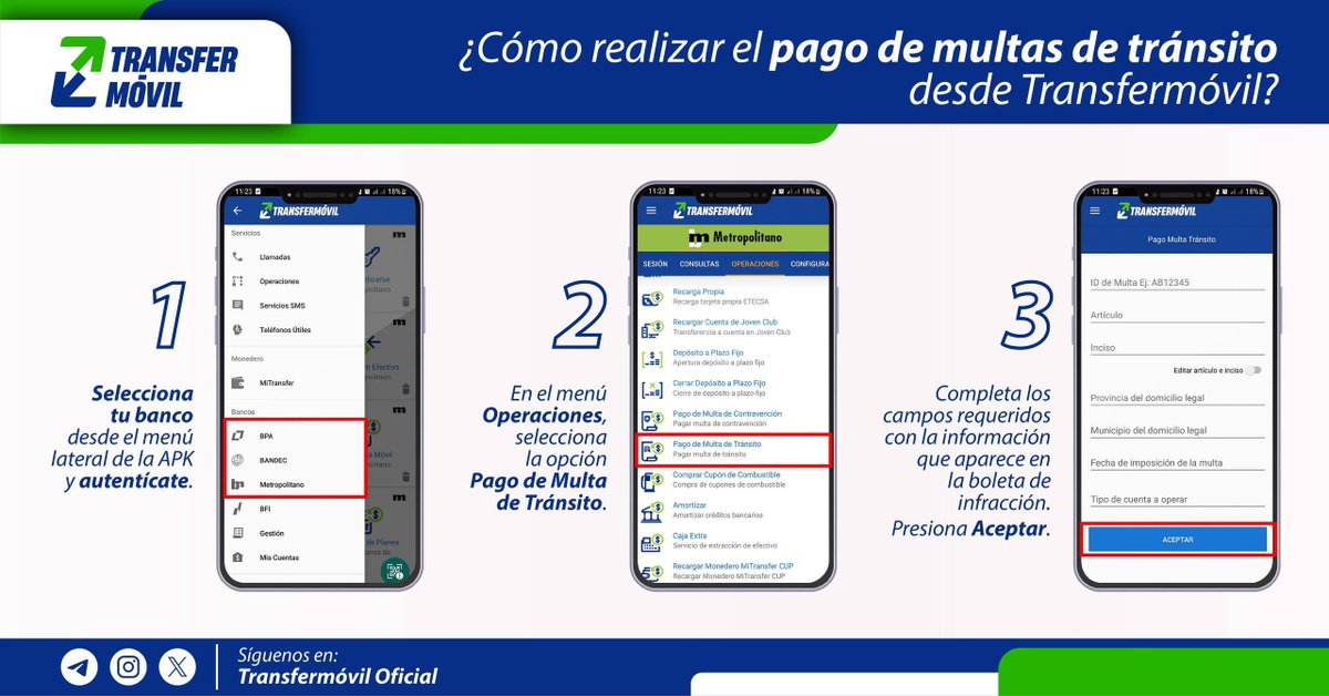 transfermovilcu's tweet photo. ¿Sabes cómo pagar multas de tránsito desde Transfermóvil? 🚗📲

Sigue los sencillos pasos que te mostramos en la imagen. 📎👇

¡Paga al instante! 😉 https://t.co/T98xvAaeKU