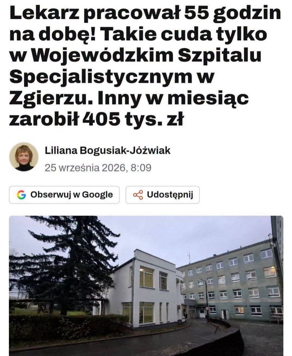 ZarobkiLekarzy's tweet photo. Zgierz to miasteczko pod Łodzią liczące 50000 mieszkańców

Kiedy afera lekarska się zaczynała, dla zabawy wyolbrzymialiśmy zarobki lekarzy w stylu "ooo ten to pewnie 100 tysięcy miesięcznie zarabia". Długo nie minęło aż okazało się że 100 tysięcy to całkiem standardowa stawka.

Szliśmy dalej i dalej. Jeszcze niedawno rzucałem że lekarze zarabiają pewnie i po 400000 miesięcznie, ale to tez było lekkie wyolbrzymienie z mojej strony - hiperbola. I co się okazuje? Hiperbola była niedoszacowaniem możliwości Polskich medyków.

Proszę Państwa, Panie i Panowie - prawdopodobnie obecny rekordzista - 405 tysięcy miesięcznie.

Ale gwarantuję wam, to nie jest najlepiej zarabiający lekarz w Polsce. Podejrzewam że najlepiej zarabiający nazwał by obecnego rekordzistę biedakiem.

https://t.co/yTgXsa1yqn