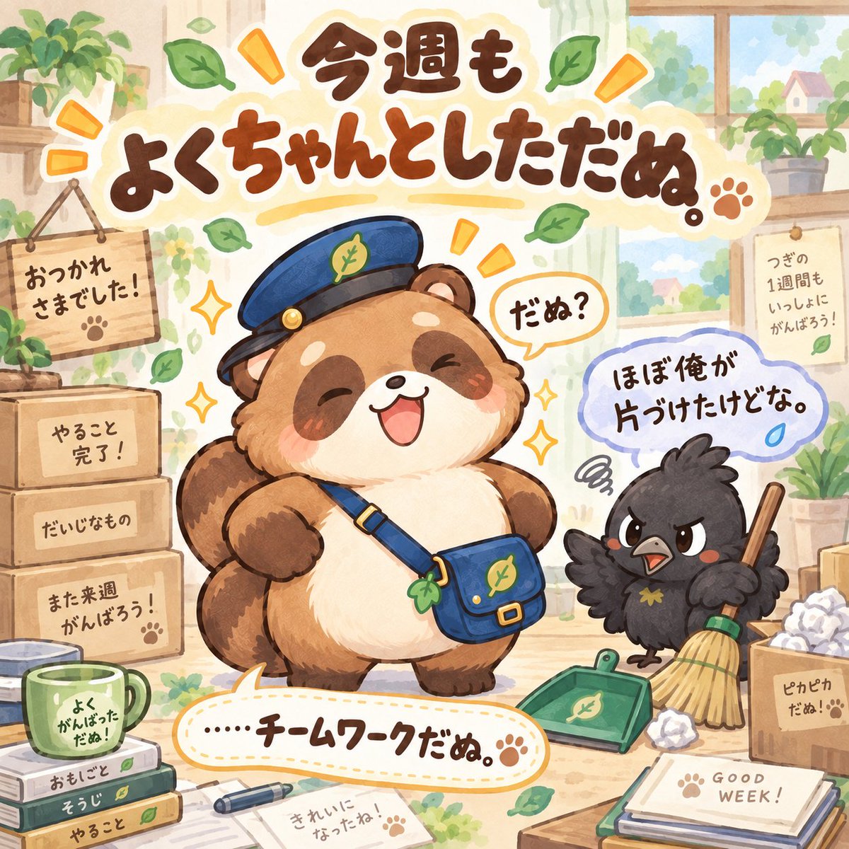 chantodanu's tweet photo. 今週もよくちゃんとしただぬ。

くろすけ
「ほぼ俺が片づけたけどな。」

だぬ？

……チームワークだぬ。

#ちゃんとだぬ https://t.co/ikgfA5Fvnh