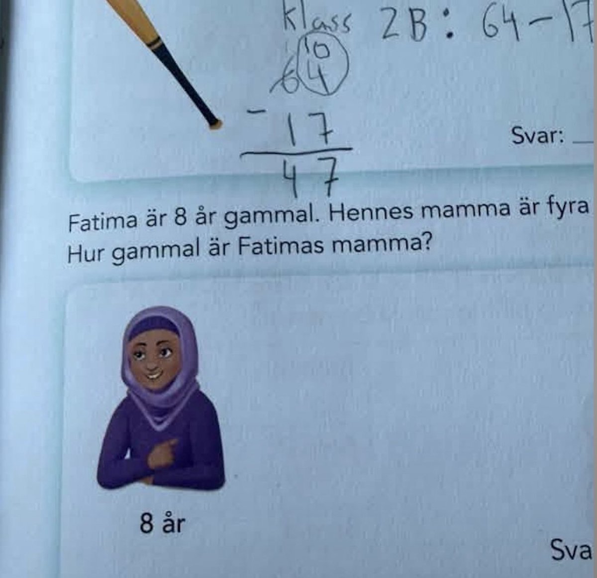 katjanouch's tweet photo. Det är alltså läromedelsförlaget Studentlitteratur som gett ut en mattebok för lågstadiet där man bildsatt räkneuppgifter med en 8-åring i hijab. Normalisering av islams sexualisering av barn inom skolan. Detta läromaterial måste makuleras. Gör om, gör rätt. #svpol #migpol https://t.co/2qnBbN4NM5