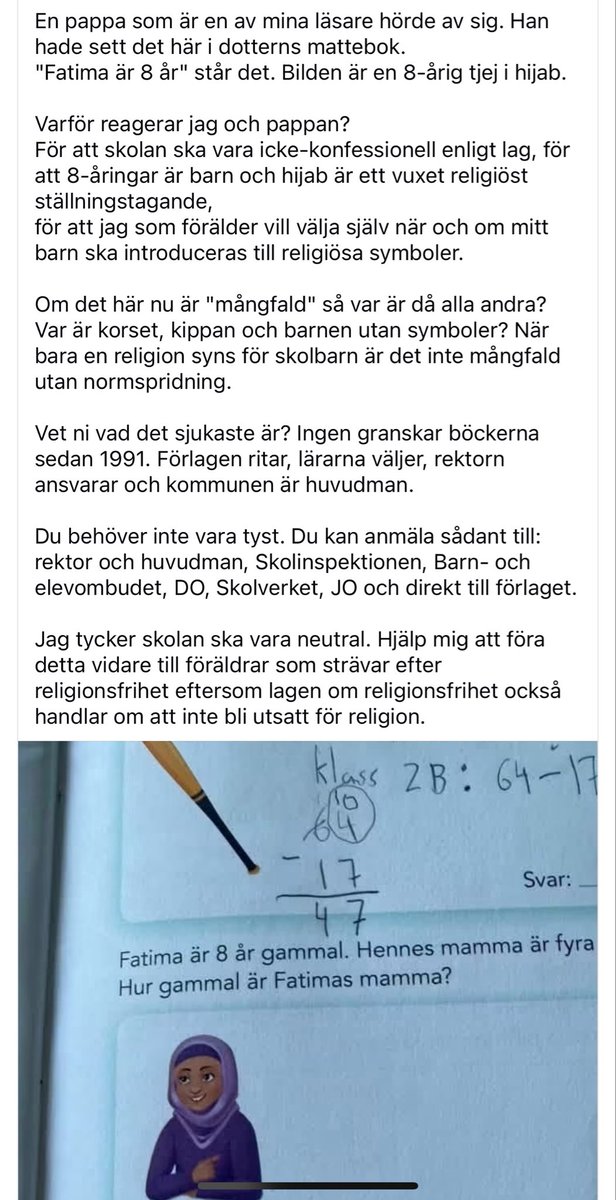 katjanouch's tweet photo. Det är alltså läromedelsförlaget Studentlitteratur som gett ut en mattebok för lågstadiet där man bildsatt räkneuppgifter med en 8-åring i hijab. Normalisering av islams sexualisering av barn inom skolan. Detta läromaterial måste makuleras. Gör om, gör rätt. #svpol #migpol https://t.co/2qnBbN4NM5