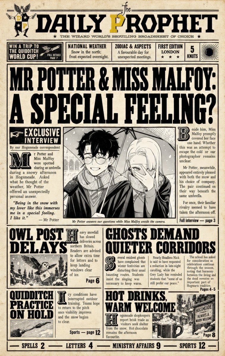Sachi_Hwa's tweet photo. An issue of the Daily Prophet from one winter's day... https://t.co/Z6j38vEh1P